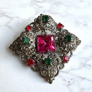 Vintage Czech Filigree Silver Tone Brooch With Green, Red & Fuchsia Glass